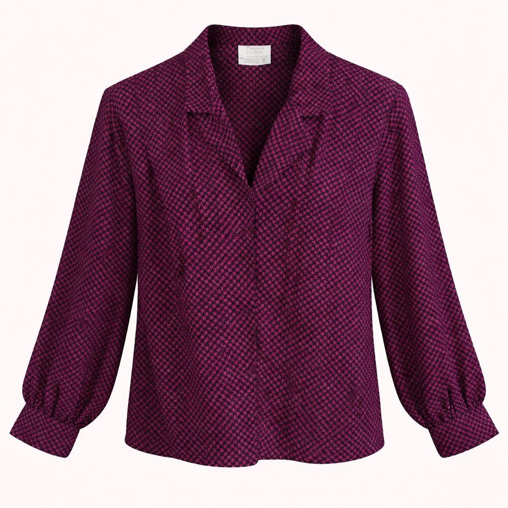 Vintage Silk Blouse Magenta Black Houndstooth Button Up 80s Retro Preppy Top 6